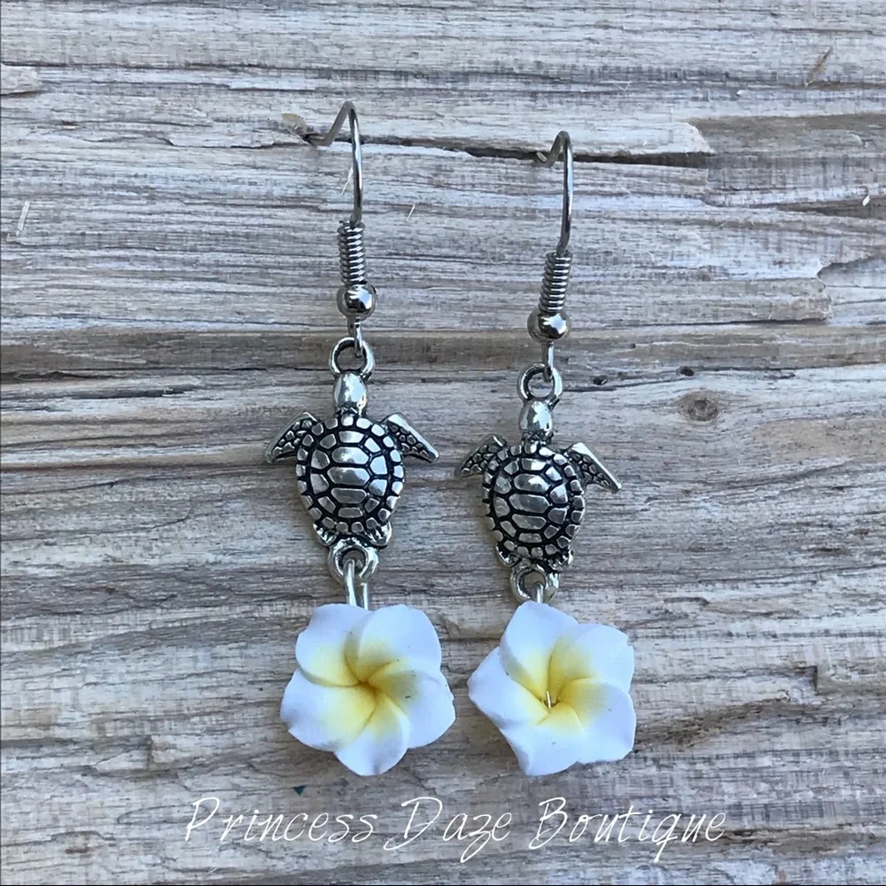 Hawaiian Flower Turtle Dangle Earrings